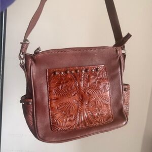 Leather Crossbody Bag with Tooled Front Pocket - Brown